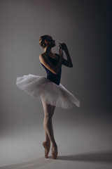 Young ballerina in elegance white tutu and pointe shoes dancing against dark background.