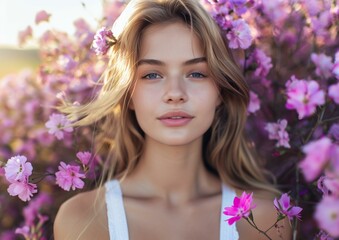 Serene Young Woman Surrounded by Pink Spring Blossoms in Sunlight