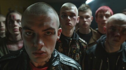 Obraz premium A group of intense young individuals with shaved heads and bold face makeup in a dark setting.