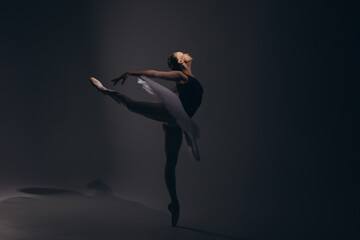 Young ballerina in elegance white tutu and pointe shoes performing Arabesque pose against dark background.