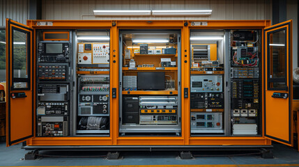 Server room with cabinets full of electronic equipment, internet connection and communication