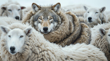 Fototapeta premium Hiding wolf in sheep herd. 