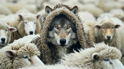 Hiding wolf in sheep herd. 