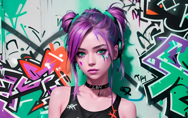 Gorgeous young girl in urban city style art with graffiti