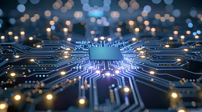 Close-up of colorful glowing circuit board, revealing intricate electronic, symbolizing the power and complexity of modern technology