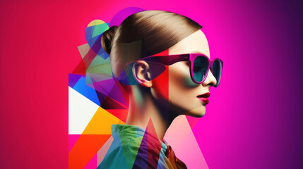 Woman wearing sunglasses poses against abstract colorful geometric pattern set on dark pink background