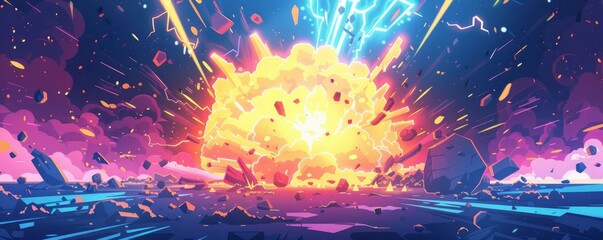 A large explosion of yellow lightning and blue energy in the center, surrounded by debris