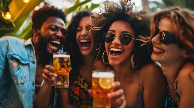 Joyful diverse group of friends enjoying a summer party outdoors with beers and laughter.