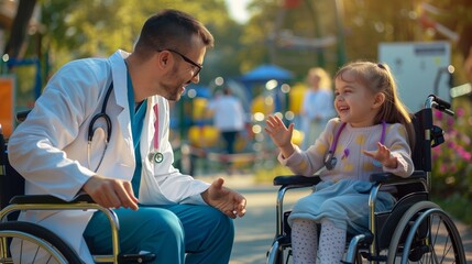 A heartwarming scene of a male doctor and a young girl in wheelchairs smiling and interacting in a sunlit park. - Powered by Adobe