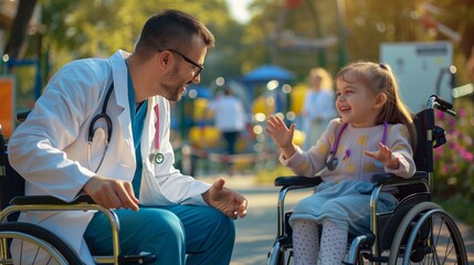 Obraz premium A heartwarming scene of a male doctor and a young girl in wheelchairs smiling and interacting in a sunlit park.