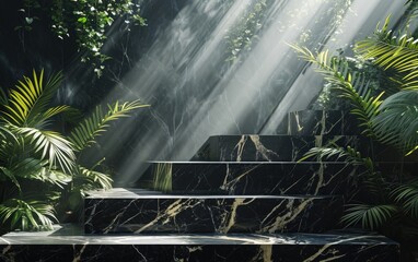 Obraz premium Mockup black marble podium stairs pedestal near tropical palm tree with natural sunlight for product display