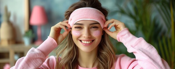 Smiling woman with pink headband and freckles