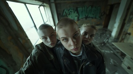 Three young women with shaved heads in a dark, abandoned building, looking intently at the camera.