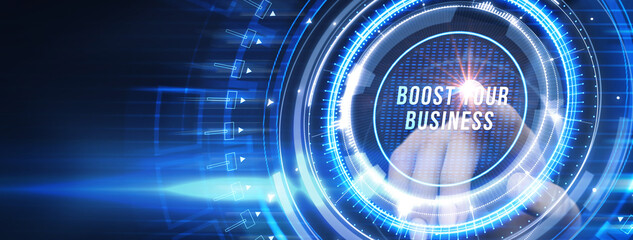 Business, Technology, Internet and network concept. Young businessman shows the word: Boost your...