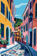 A playful pop art interpretation of a winding cobblestone street, colorful buildings, and stylized shadows