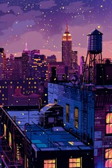 A pop art rooftop view of a city at night, twinkling lights, bold outlines, and a stylized water tower