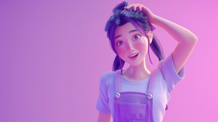 Portrait cute kawaii positive excited K-pop cartoon girl in fashion casual clothes purple overalls touches her head with hand, stands with happy face expression. 3d render isolated