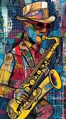 A street musician in pop art style, stylized instrument, exaggerated features, and a bold cityscape backdrop