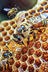 close-up of bees in honeycomb in an apiary - selectiv, The ins and outs of how bees work in honeycomb focus, copy space