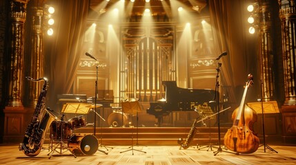 Classical music instruments set on stage with dramatic lighting in an ornate concert hall.