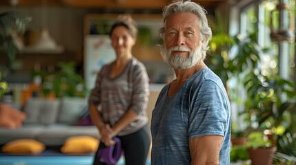 Fototapeta premium Domestic Wellness: Elderly Couple Exercising in Modern Home