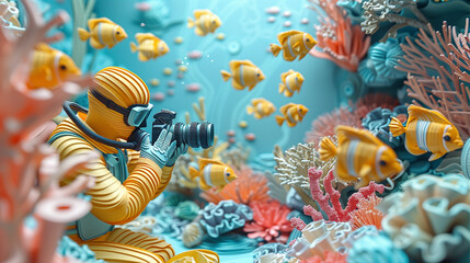 Obraz na płótnie Canvas Photographer taking pictures of fish in the sea, paper art style