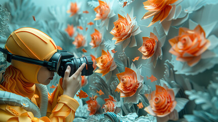 Photographer taking photos in nature, paper art style