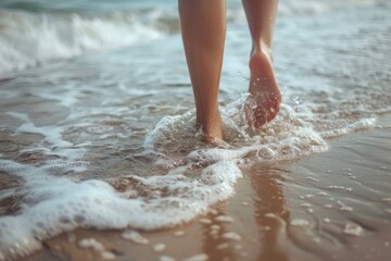 Close up of woman's feet walking on the beach, beautiful female legs in water at sea side