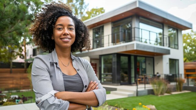 Real state black african american woman agent standing in front of a house