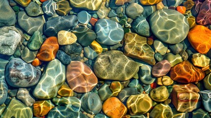Colorful pebbles in clear water with a colorful background in a top view