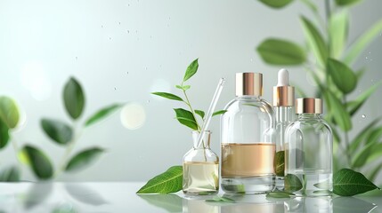 Organic beauty: cosmetology lab research with bio skincare cream, serum product, and natural leaves - scientific concept for cosmetic development