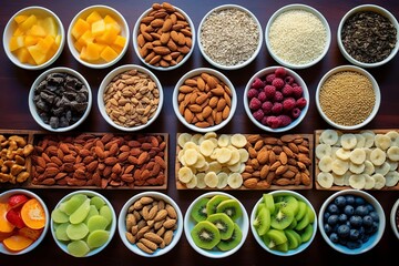 Overhead shot of a cereal bar making station, various toppings like nuts and fruits, DIY healthy snack preparation