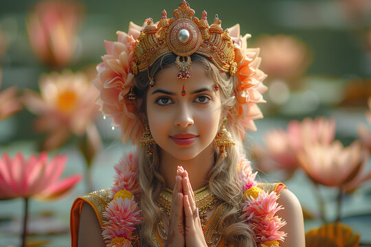 Portrait of a beautiful Indian girl dressed as goddess Lakshmi near a lake with lotuses.
