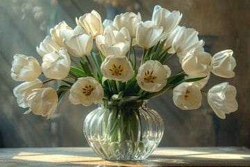 Elegant white tulips in a tall crystal vase, their pristine petals catching the light.