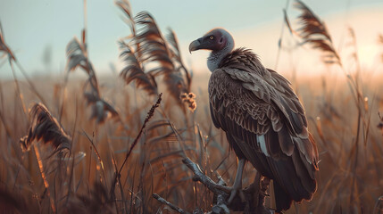 a vulture, showcasing its detailed plumage and focused gaze, perched on a wooden branch positioned against a beautifully blurred background of a golden savannah