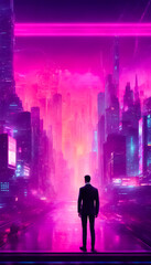 Abstract Cyberpunk Background in futuristic Neon City with one Person