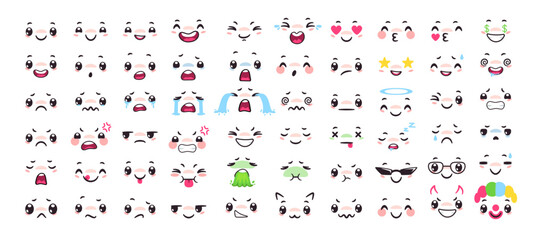 Naklejka premium Cartoon faces with different emotions. Eyes and mouth. Vector set of comic character expretions - angry, joy, crying, sad, vomit and surprised