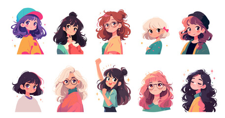 Anime girls in different outfits for stickers or badges. Cartoon kawaii manga girl portraits. Set of vector young woman in japanese animation style