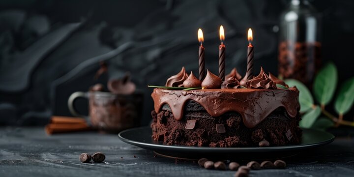 A decadent chocolate cake with lit candles and melting chocolate topping on a dark table.
