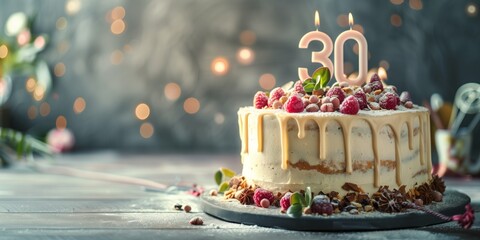 Elegant 30th birthday cake adorned with raspberries and a caramel drizzle, set against a festive backdrop.