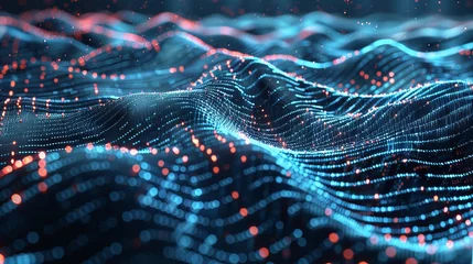 Wall murals Dynamic cyber big data flow: blockchain networks intersecting with ai technology and digital communication. Vibrant 3d illustration of music waves and science research