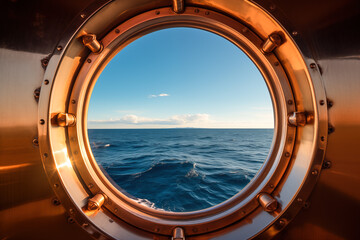 A view of the ocean from a small window on a boat