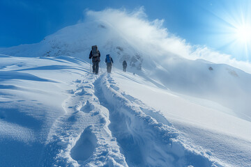 climbers climbing to the top of the mountain through snow and storm