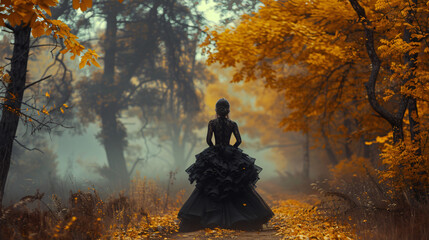Beauty Gothic princess walks in autumn forest. Fantasy