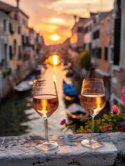 In the front are two glasses of rosé wine, while in the background are residences and boats with a tiny canal across an old stone bridge.