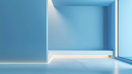 This is a render of a room with three blue walls, a large window on the right, and a small light on the left wall.

