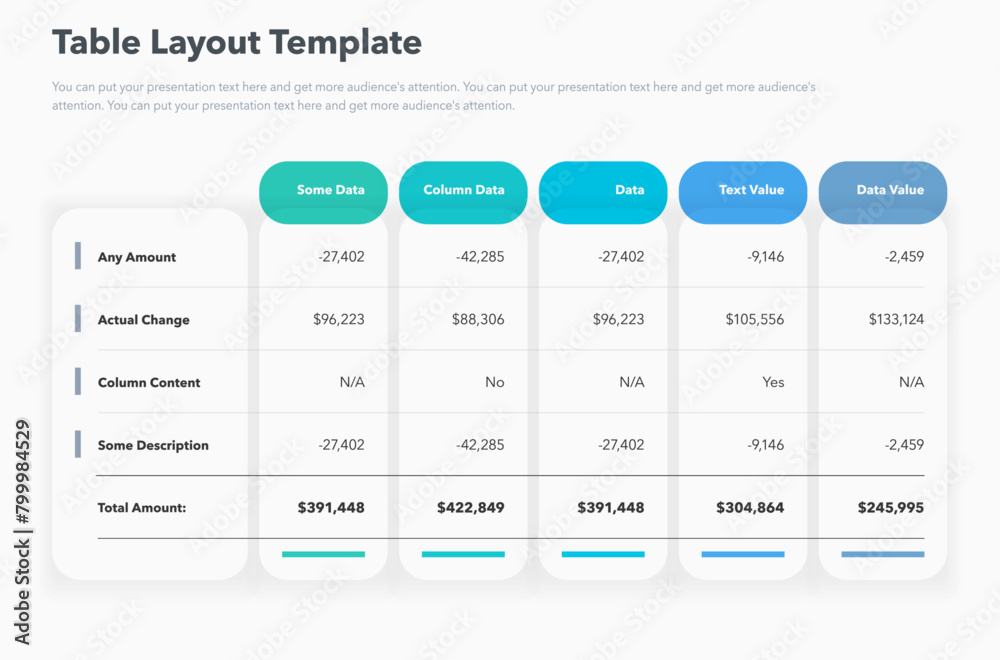 Poster Table layout template with five options and a total amount row. Simple flat template for project data visualization.