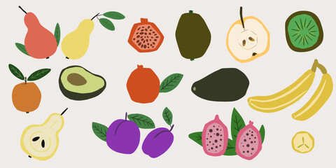 Sweet fruits. Vector cartoon flat set. Apple, pear, avocado, banane, plum. kiwi, pomegranate.