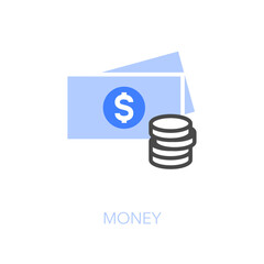 Simple visualised money icon symbol with banknotes and coins.