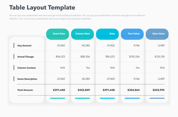Table layout template with five options and a total amount row. Simple flat template for project data visualization.